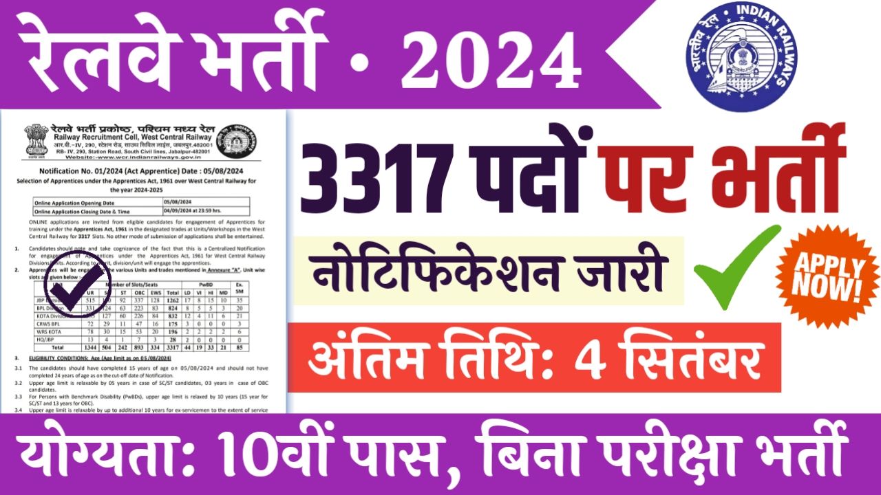 RRC WCR Railway Vacancy 2024: रेलवे ने 3317 पदों पर 10वीं पास के लिए नोटिफिकेशन  जारी